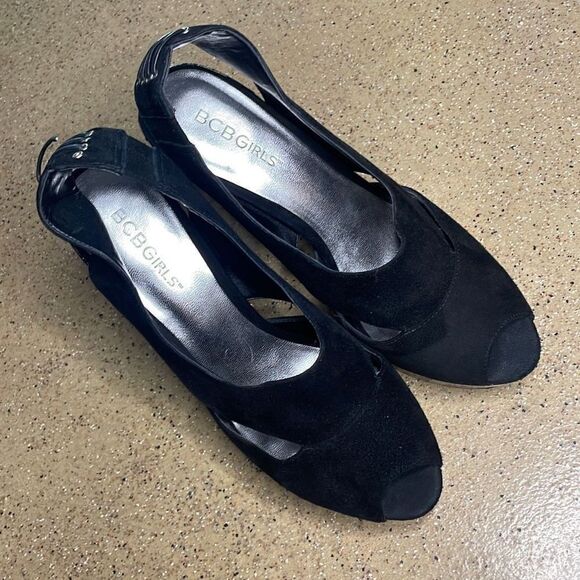 BCBGirls Worker Suede & Snake Embossed Leather Platform Slingback Heels 7.5 Blac - Picture 3 of 13